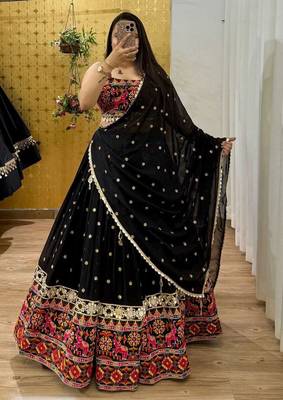 Black Color Sequins With Digital Print And Real Mirror Work Georgette Lehenga Choli 2