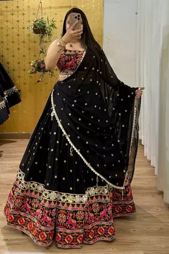 Black Color Sequins With Digital Print And Real Mirror Work Georgette Lehenga Choli