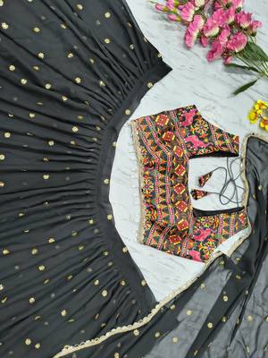 Black Color Sequins With Digital Print And Real Mirror Work Georgette Lehenga Choli 4