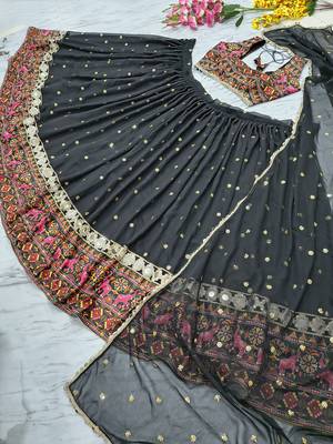 Black Color Sequins With Digital Print And Real Mirror Work Georgette Lehenga Choli 5