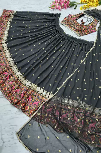 Black Color Sequins With Digital Print And Real Mirror Work Georgette Lehenga Choli