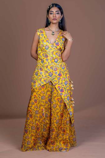 Mustard yellow floral print embroidered chinon silk readymade pant