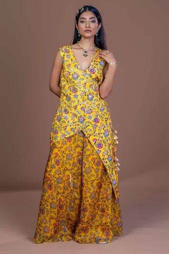 Mustard yellow floral print embroidered chinon silk readymade pant