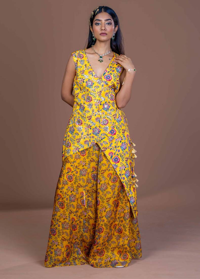 Mustard yellow floral print embroidered chinon silk readymade pant