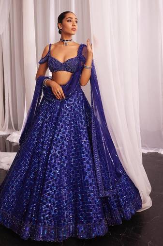 Navy Blue Color Jari Work And Rainbow Dual Sequins Work Butterfly Net Lehenga Choli