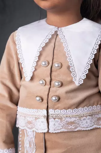 Beige embroidered corduroy co ord set