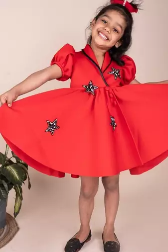 Red embroidered faux polyester dress