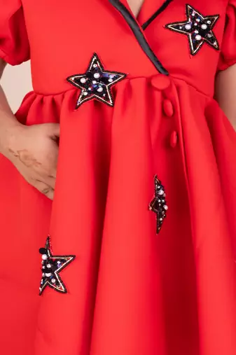 Red embroidered faux polyester dress