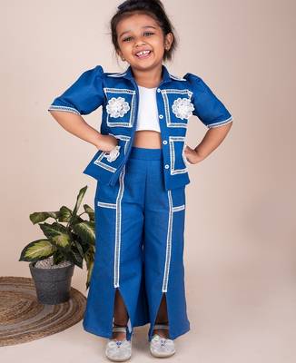 Denim blue embroidered cotton jacket set 1
