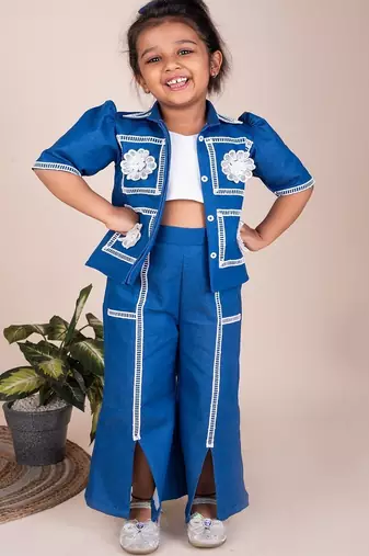 Denim blue embroidered cotton jacket set