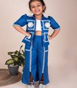 Denim blue embroidered cotton jacket set