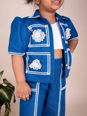 Denim blue embroidered cotton jacket set 2