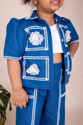 Denim blue embroidered cotton jacket set
