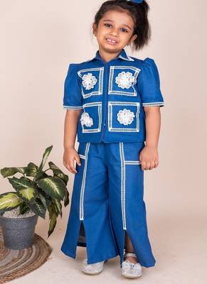 Denim blue embroidered cotton jacket set 3