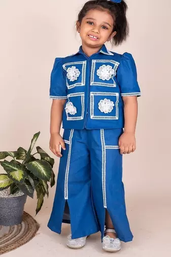 Denim blue embroidered cotton jacket set