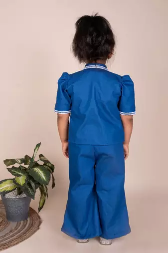 Denim blue embroidered cotton jacket set
