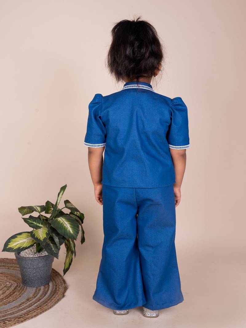 Denim blue embroidered cotton jacket set