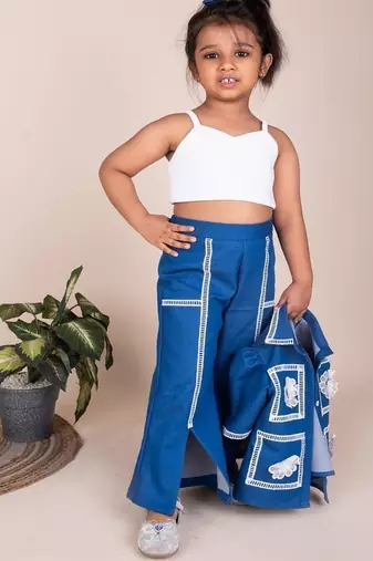 Denim blue embroidered cotton jacket set