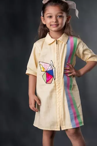 Yellow embroidered blended cotton dress