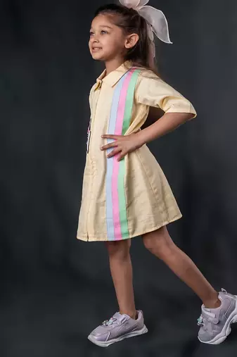 Yellow embroidered blended cotton dress