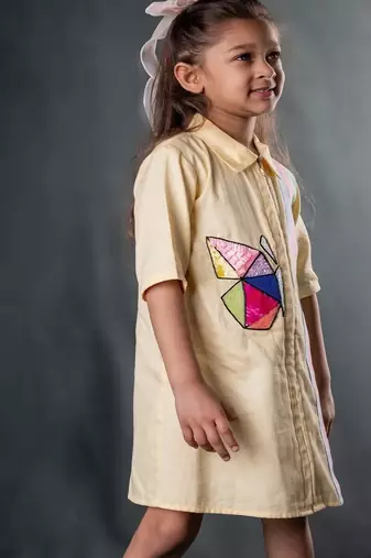 Yellow embroidered blended cotton dress