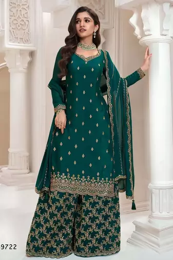 Peacock green heavy chinon jacquars silk full stitched free size upto 44 palazzo suits