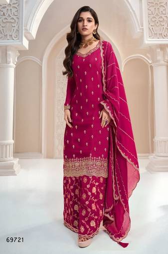 Rani pink heavy chinon jacquars silk full stitched free size upto 44 palazzo suits