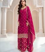 Rani pink heavy chinon jacquars silk full stitched free size upto 44 palazzo suits