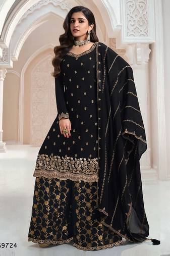 Black heavy chinon jacquars silk full stitched free size upto 44 palazzo suits