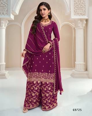 Wine heavy chinon jacquars silk full stitched free size upto 44 palazzo suits 1