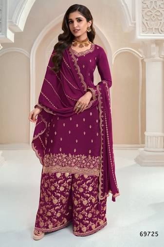 Wine heavy chinon jacquars silk full stitched free size upto 44 palazzo suits