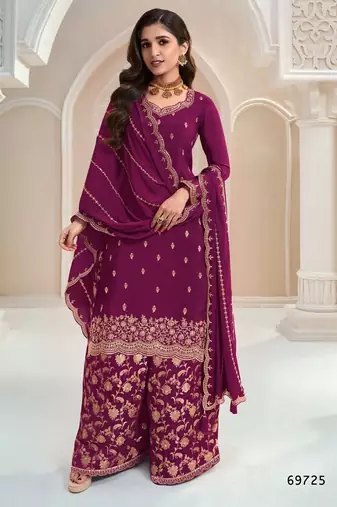 Wine heavy chinon jacquars silk full stitched free size upto 44 palazzo suits