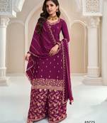 Wine heavy chinon jacquars silk full stitched free size upto 44 palazzo suits