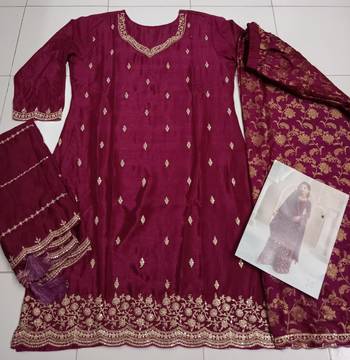 Wine heavy chinon jacquars silk full stitched free size upto 44 palazzo suits 2