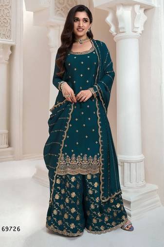 Teal heavy chinon jacquars silk full stitched free size upto 44 palazzo suits