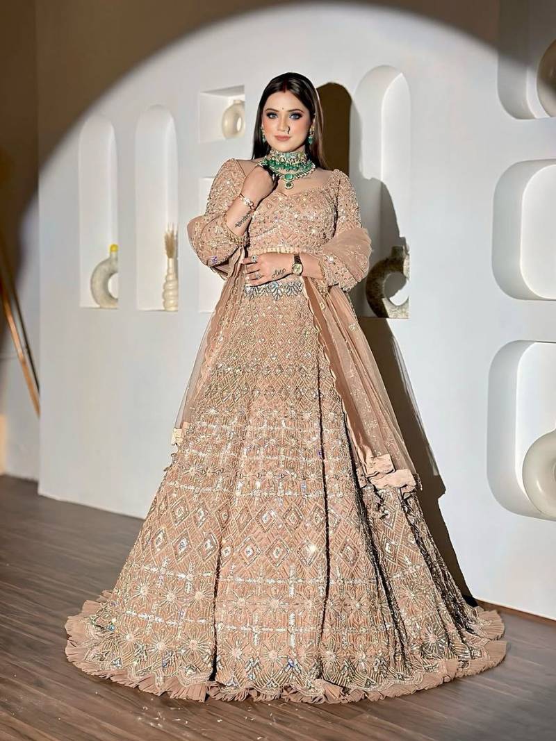 Beige Color Sequence,Embroidery And Zari Work Butterfly Net  Lehenga Choli