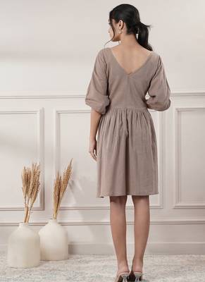 Women brown cotton v-neck dress 5