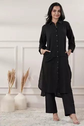 Women black cotton dress with button