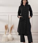 Women black cotton dress with button