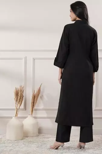 Women black cotton dress with button