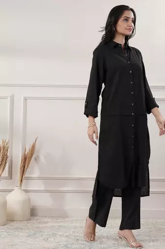 Women black cotton dress with button