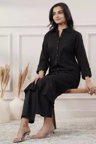 Women black cotton dress with button
