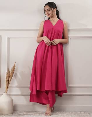 Women fuchsia cotton a-line midi dress with pants 1