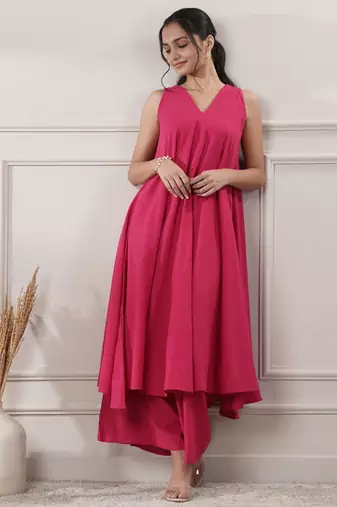 Women fuchsia cotton a-line midi dress with pants