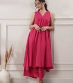 Women fuchsia cotton a-line midi dress with pants