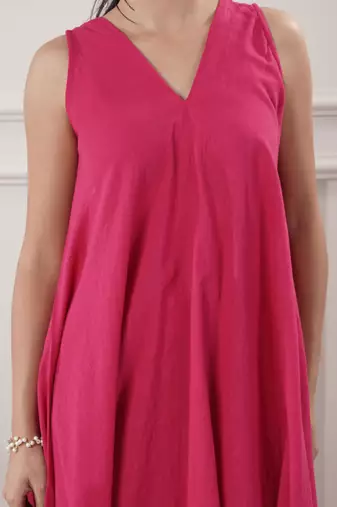 Women fuchsia cotton a-line midi dress with pants