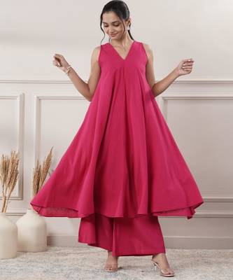 Women fuchsia cotton a-line midi dress with pants 3