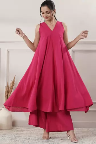 Women fuchsia cotton a-line midi dress with pants