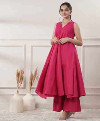 Women fuchsia cotton a-line midi dress with pants 4