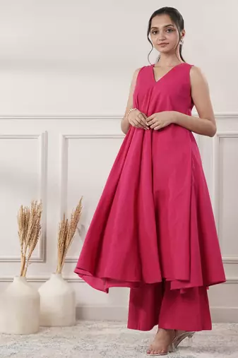 Women fuchsia cotton a-line midi dress with pants
